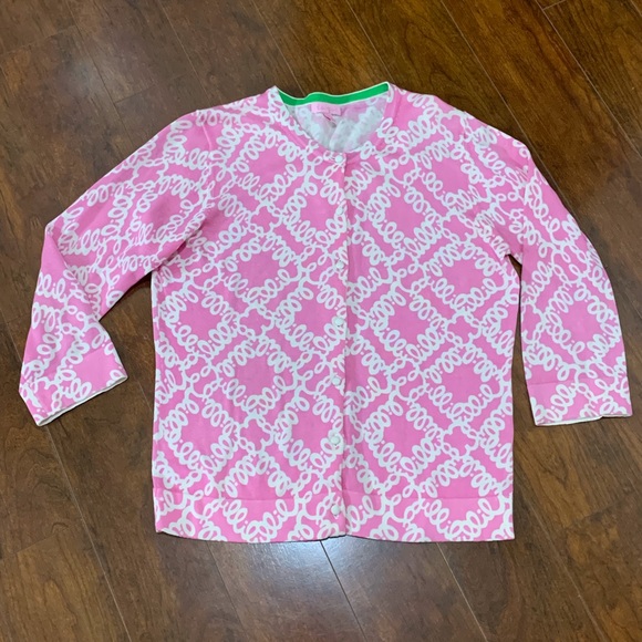 Lilly Pulitzer Sweaters - Lilly Pulitzer Pink & White Lilly Cardigan Sz L
